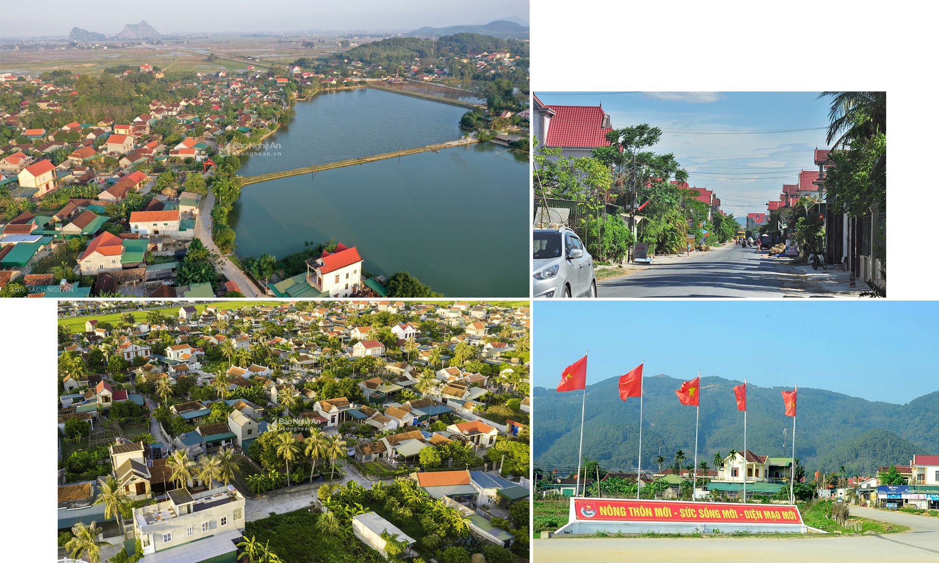 Ảnh trên xuống, trái sang: Một góc nông thôn mới ở xã Vĩnh Thành (Yên Thành), Quỳnh Đôi (Quỳnh Lưu), Diễn Tháp (Diễn Kỷ) và Nam Anh (Nam Đàn). Ảnh tư liệu: PV-CTV