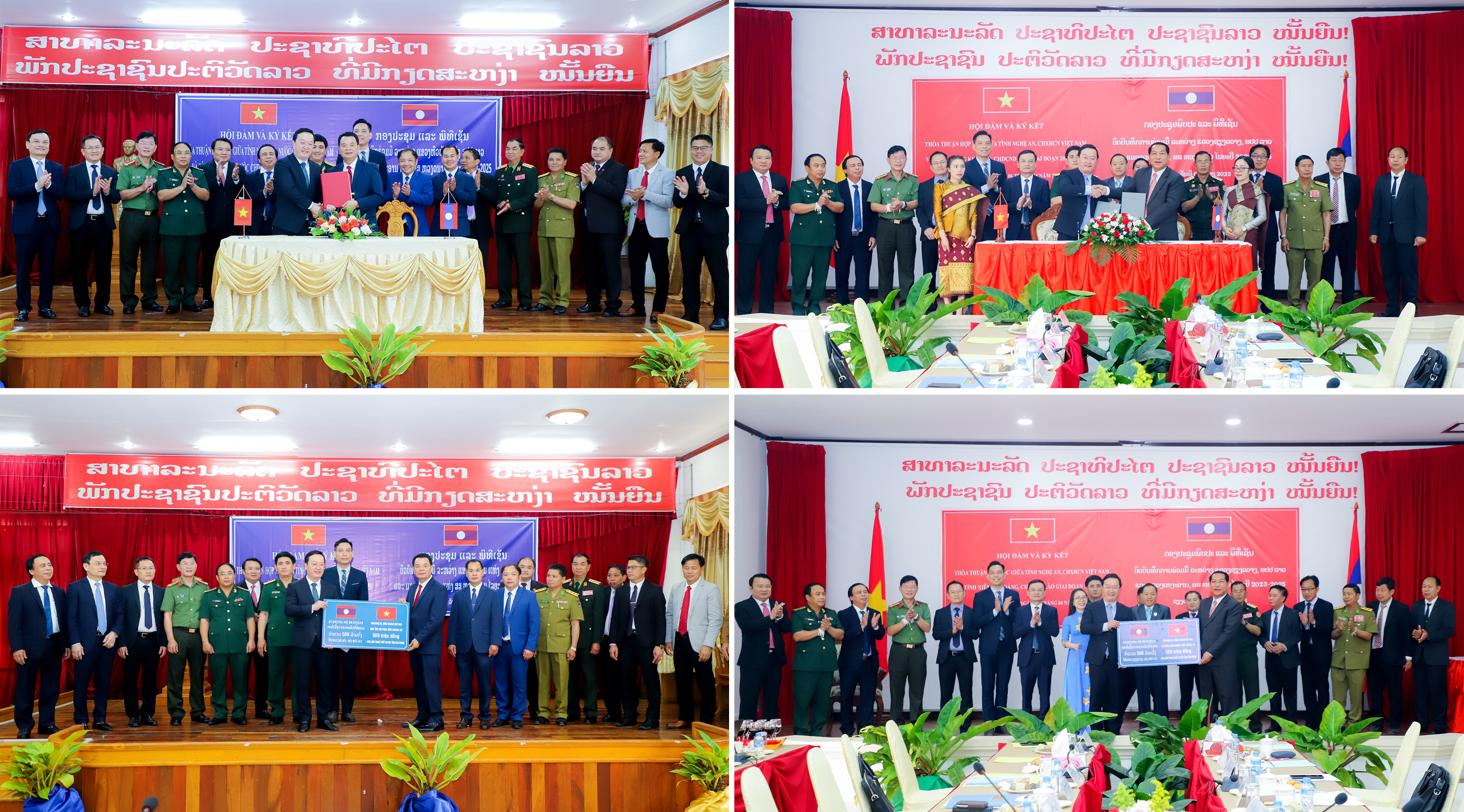 The leaders of Nghe An province and the provinces of Houaphanh and Xiengkhouang sign a cooperation agreement for the 2023-2025 period (2 above photos); Nghe An province presents Houaphanh and Xiengkhouang with VND 500 million each to equip with computers and other devices. Photo: Pham Bang
