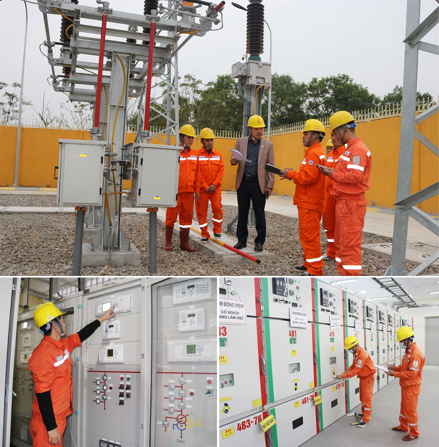 Phó Giám đốc Công ty Điện lực Nghệ An Lê Quang Thanh kiểm tra thông số kỹ thuật các hạng mục trước khi đóng điện TBA 110kV Diễn Phong (ảnh trên); Trạm biến áp điều khiển từ xa ở xã Diễn Phong (Diễn Châu) và Hoàng Mai.