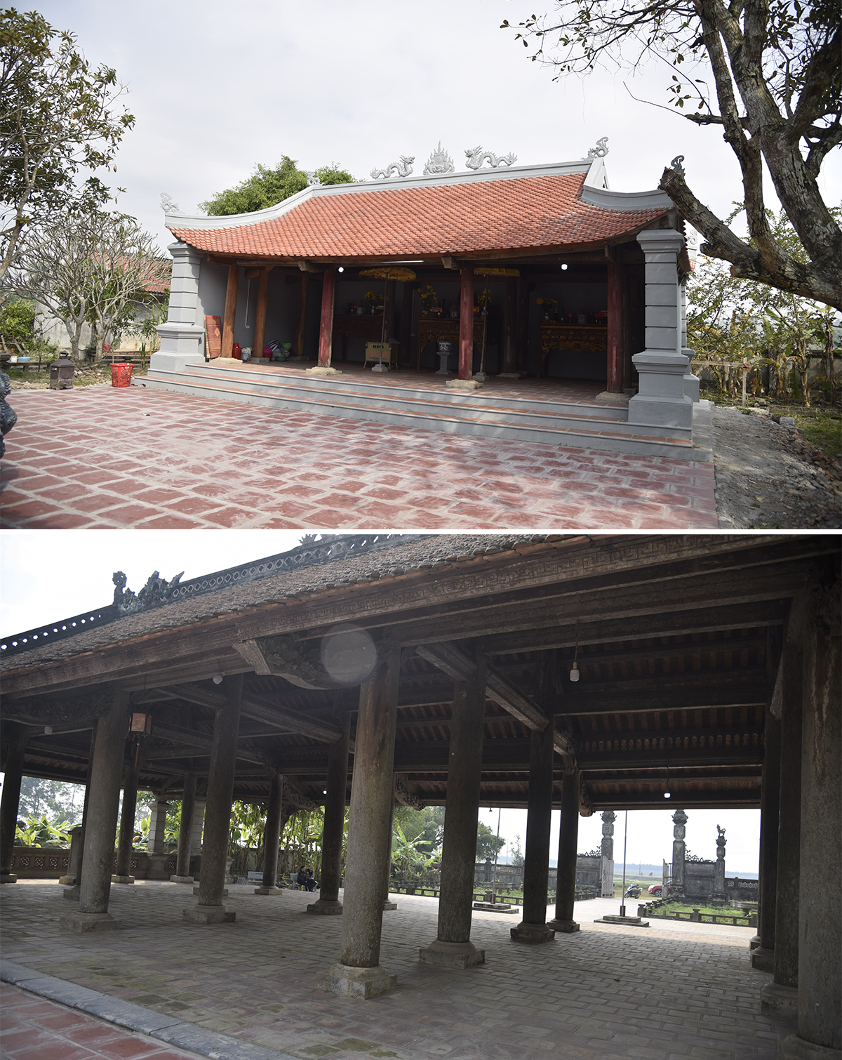 Đình Sừng ở xã Lăng Thành (Yên Thành) được sửa chữa, xây mới thượng điện (ảnh trên), đối lập với sự xuống cấp ở hạ điện. Ảnh: M.Q