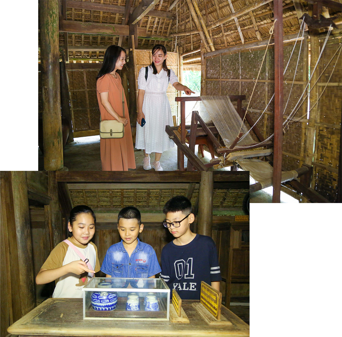 Du khách tham quan hiện vật được trưng bày trong Khu Di tích Kim Liên.
