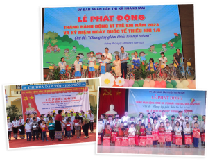 Lãnh đạo huyện Kỳ Sơn tặng quà cho trẻ em có hoàn cảnh khó khăn tại Lễ phát động; Tổ chức Tết thiếu nhi cho trẻ em tại xã Hữu Lập. Ảnh: CSCC