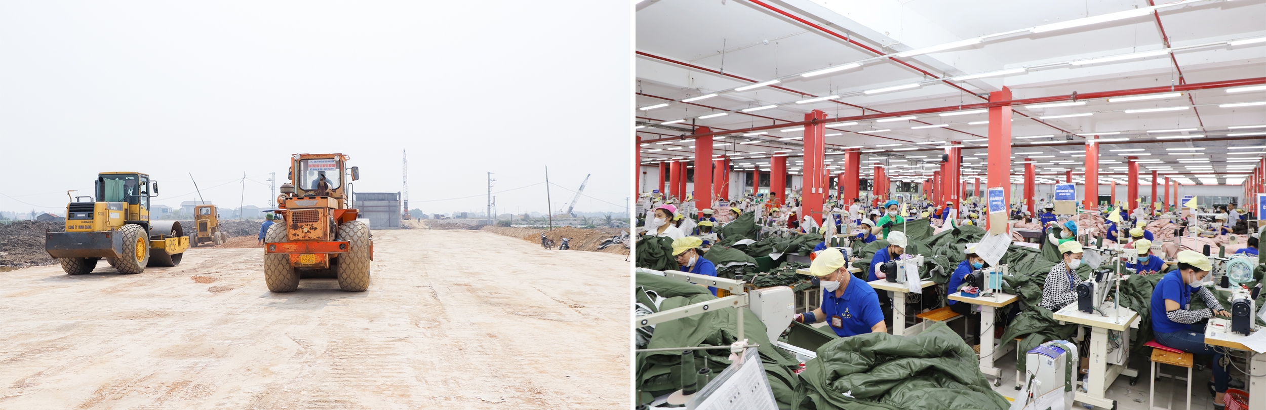 Các đơn vị thi công đang đẩy nhanh tiến độ triển khai dự án đường ven biển từ Nghi Sơn (Thanh Hoá) đến Cửa Lò; Dây chuyền sản xuất tại Công ty CP may Minh Anh - Kim Liên.