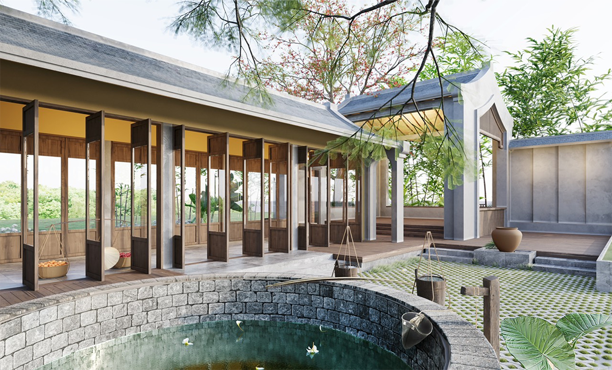 Các công trình tiêu biểu của dự án mang đậm dấu ấn của Làng quê Việt Nam với hình tượng cây đa, giếng nước, mái đình. Ảnh: Thành Duy