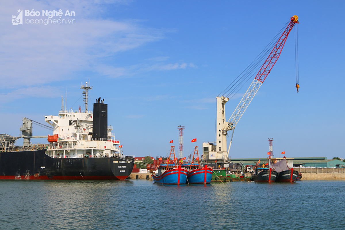 Ships are being loaded and unloaded at Cua Lo port. Photo: Nguyen Hai