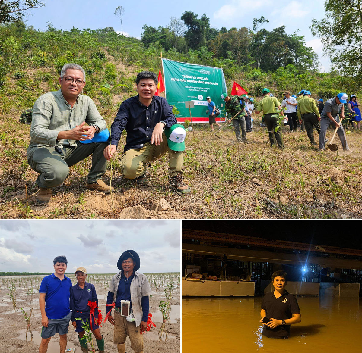 Tiến sỹ Nguyễn Ngọc Huy tham gia trồng rừng ở Quảng Trị, lặn lội cùng nông dân ở đồng bằng sông Cửu Long, tại Hội An trong cơn lụt năm 2020. Ảnh: NVCC