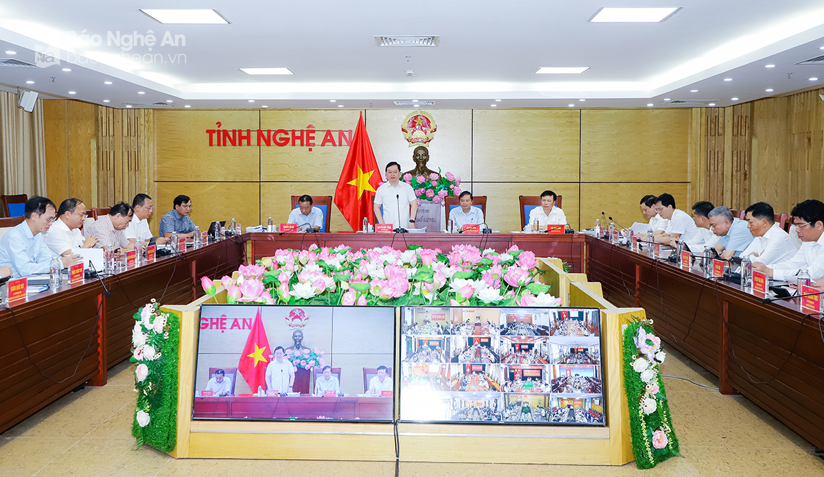 The regular provincial People's Committee meeting in June 2023 is connected to 21 districts, cities, and towns. Photo: Pham Bang
