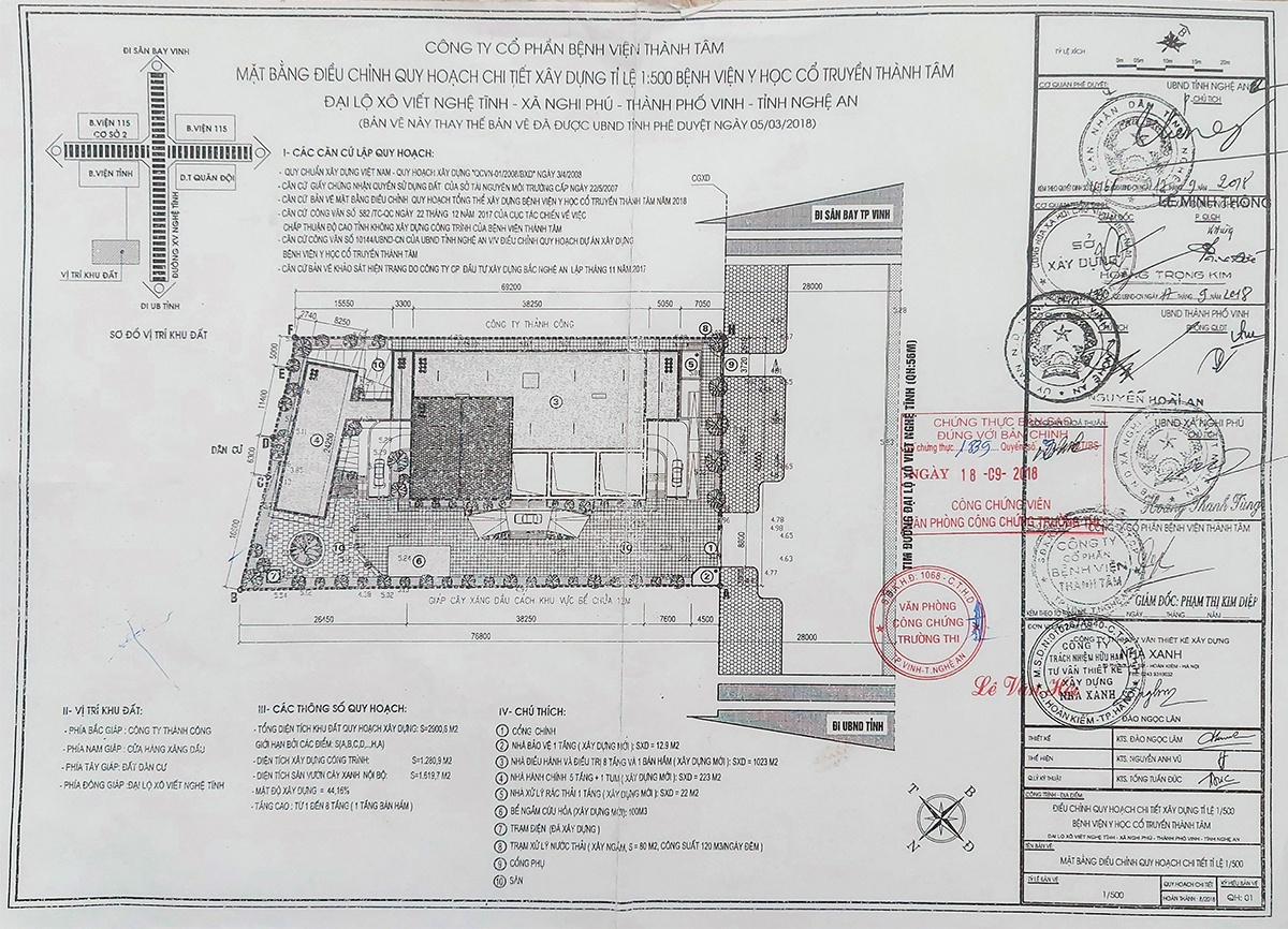 Bản vẽ điều chỉnh quy hoạch chi tiết xây dựng tỷ lệ 1/500 (năm 2018) của dự án Bệnh viện Y học cổ truyền Thành Tâm.