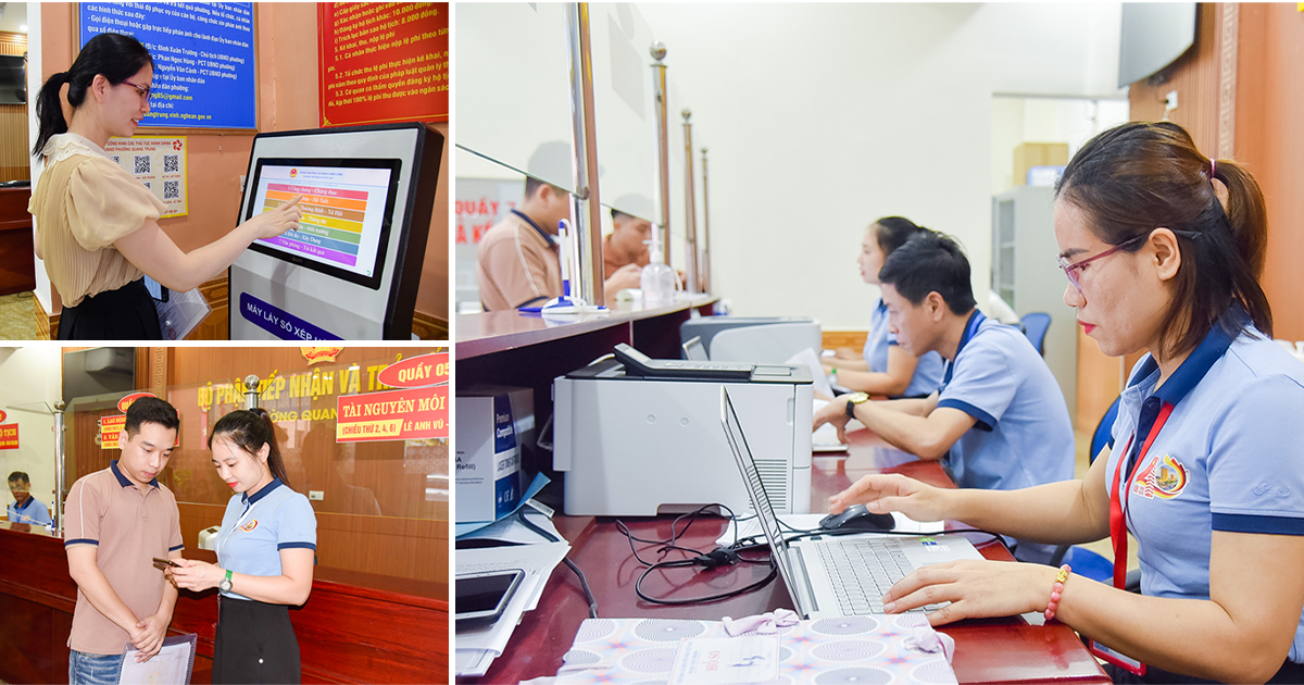 Công chức phường Quang Trung, TP. Vinh tiếp nhận, giải quyết hồ sơ của người dân. Ảnh: Thanh Lê