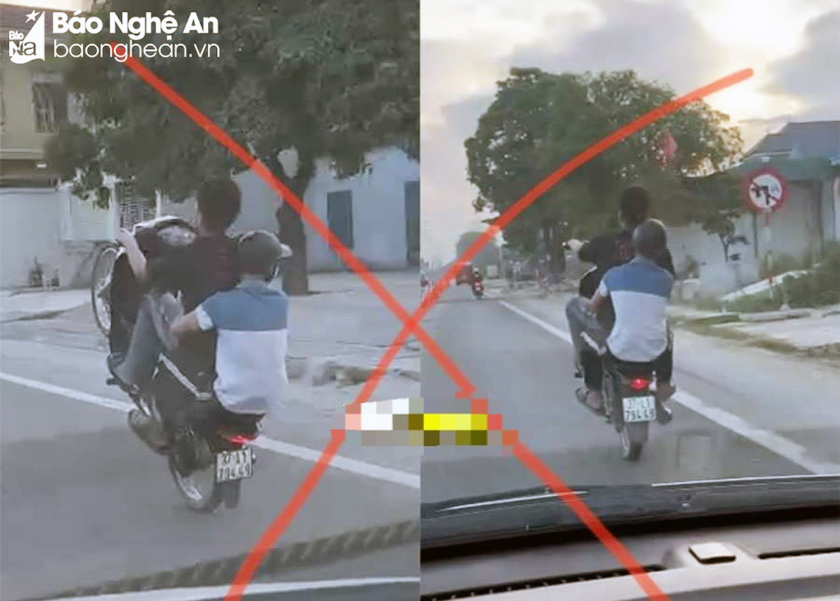 Hình ảnh nam thanh niên điều khiển xe máy không đội mũ bảo hiểm, bốc đầu xe được phương tiện đi sau ghi lại trên Quốc lộ 1A đoạn qua địa bàn phường Quỳnh Xuân, thị xã Hoàng Mai.