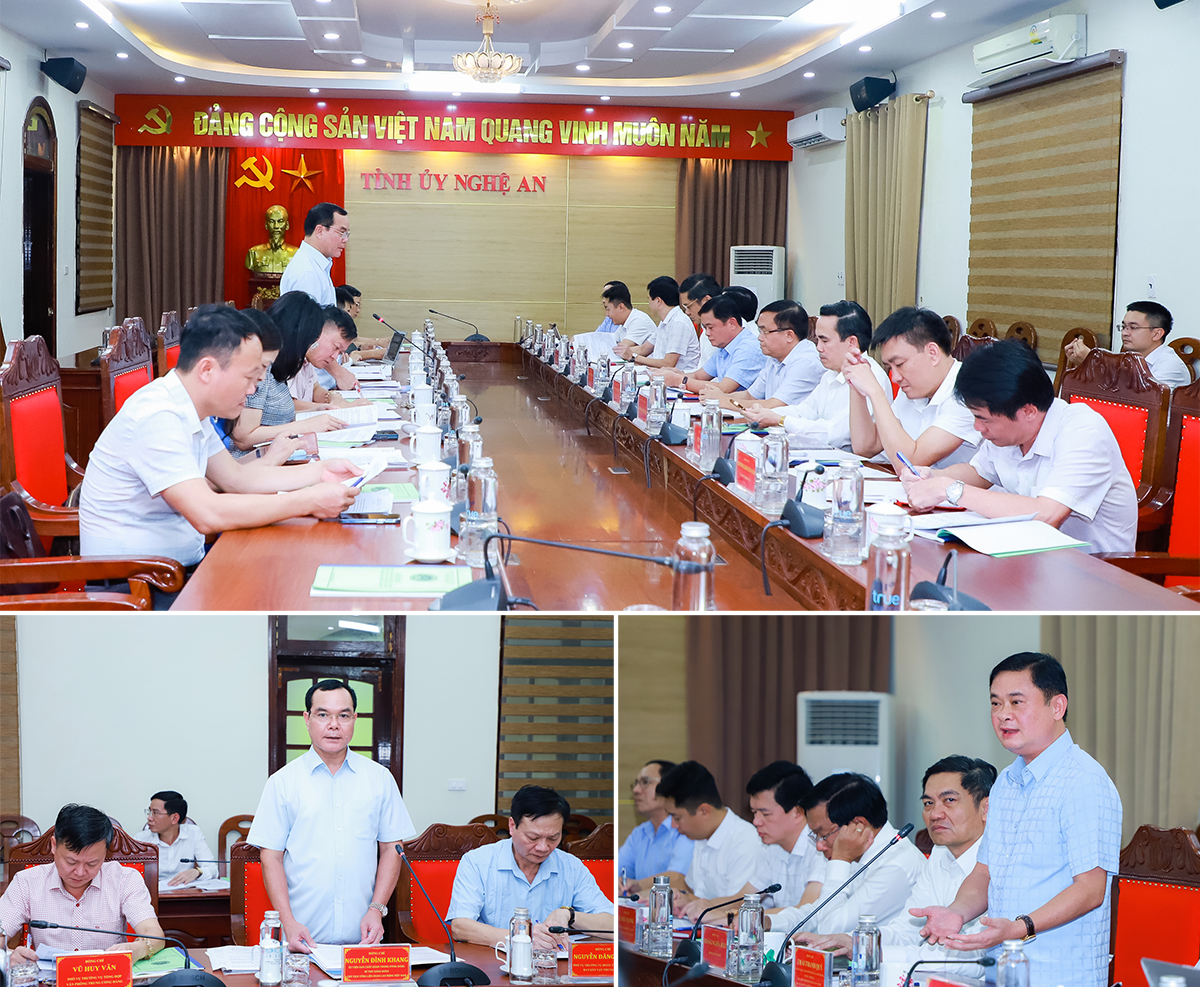 Đoàn khảo sát của Ban Chỉ đạo Trung ương tổng kết 10 năm thực hiện Quyết định số 218-QĐ/TW, ngày 12/12/2013 của Bộ Chính trị (khóa XI) làm việc với Thường trực Tỉnh ủy Nghệ An. Ảnh: Thành Duy