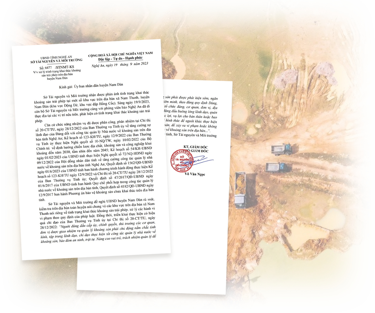 Văn bản số 6477/STNMT-KS của Sở Tài nguyên và Môi trường về việc “xử lý trình trạng khai thác khoáng sản trái phép trên địa bàn huyện Nam Đàn”.
