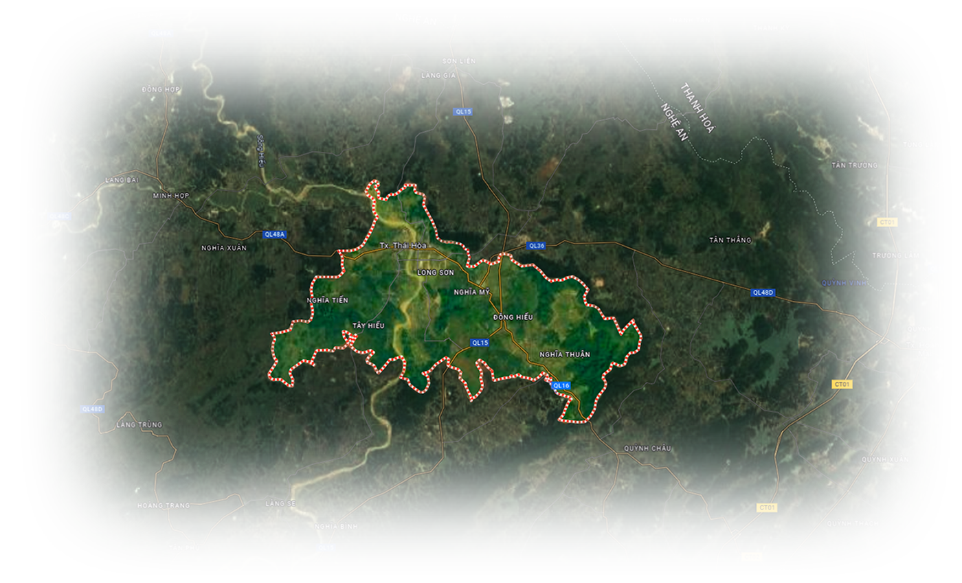 Vị trí Nông trường Đông Hiếu hiện thuộc địa bàn thị xã Thái Hòa. Ảnh: Google maps