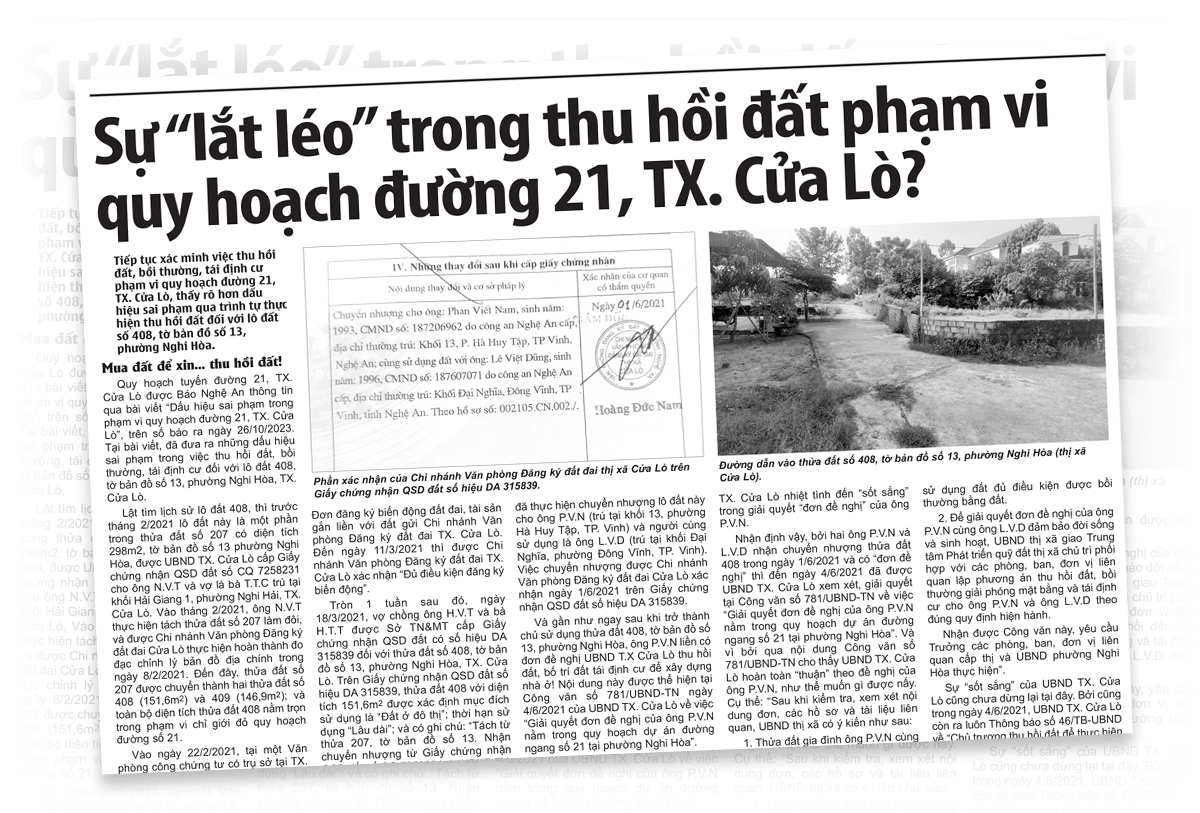 Bài viết “Sự lắt léo trong thu hồi đất phạm vi quy hoạch đường 21, thị xã Cửa Lò” trên Báo Nghệ An số ra ngày 2/11.