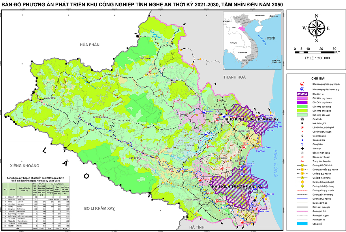 Bản đồ phương án phát triển khu công nghiệp của tỉnh Nghệ An giai đoạn 2021 - 2030, tầm nhìn đến năm 2050.