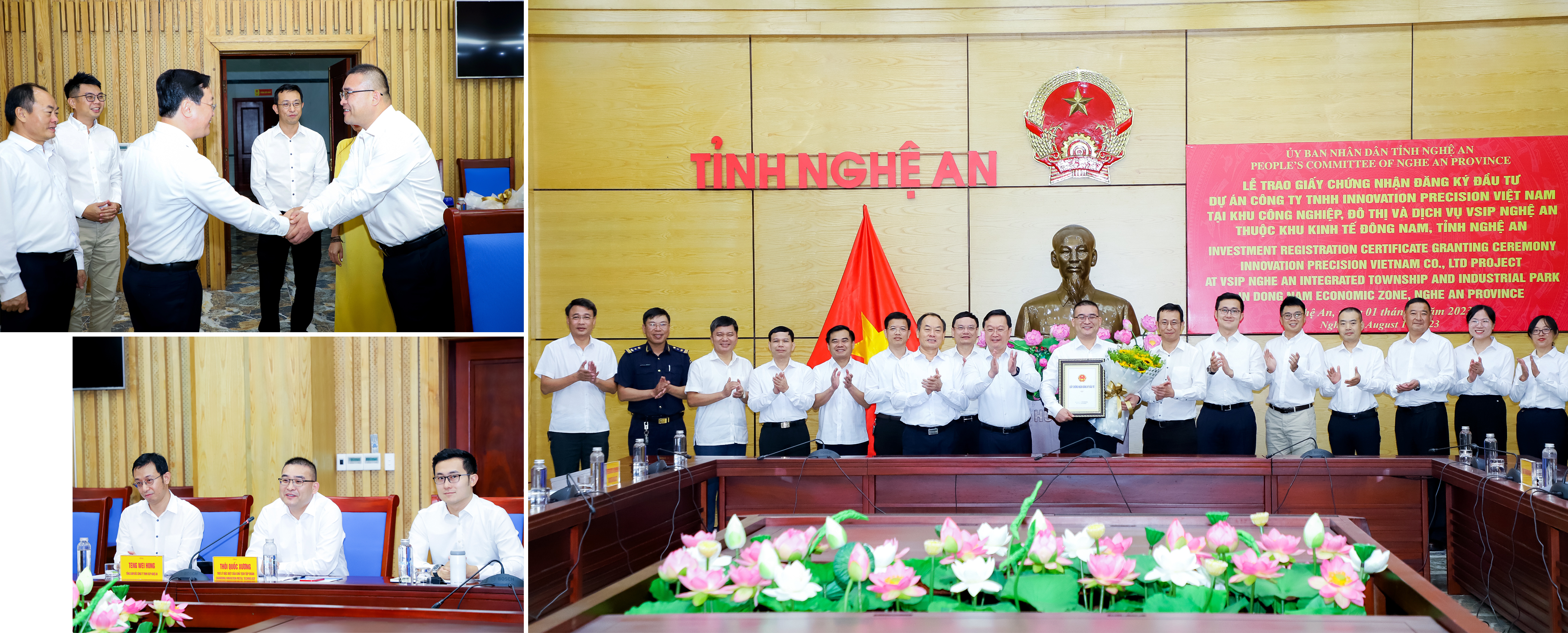 Chủ tịch UBND tỉnh Nguyễn Đức Trung trao giấy chứng nhận đăng ký đầu tư, tặng hoa cho Tập đoàn Shandong Innovation Metal Technology. Ảnh: Phạm Bằng