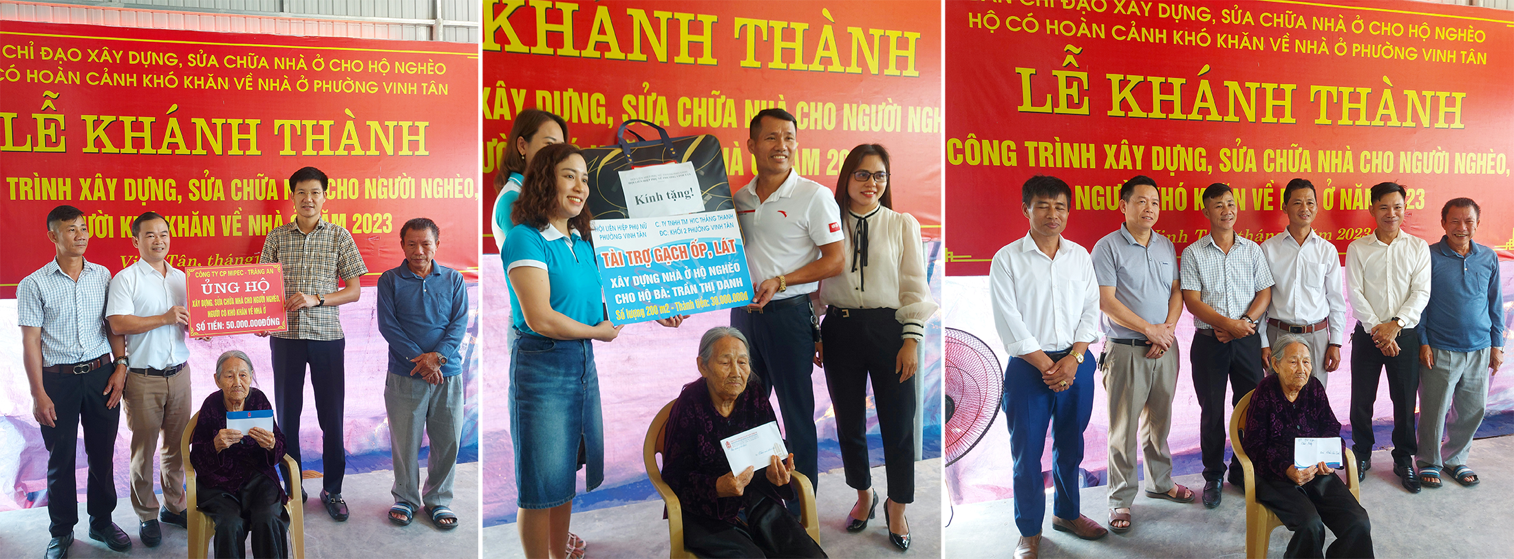 Các tổ chức, doanh nghiệp trao tiền, quà ủng hộ cho gia đình cụ Trần Thị Danh.