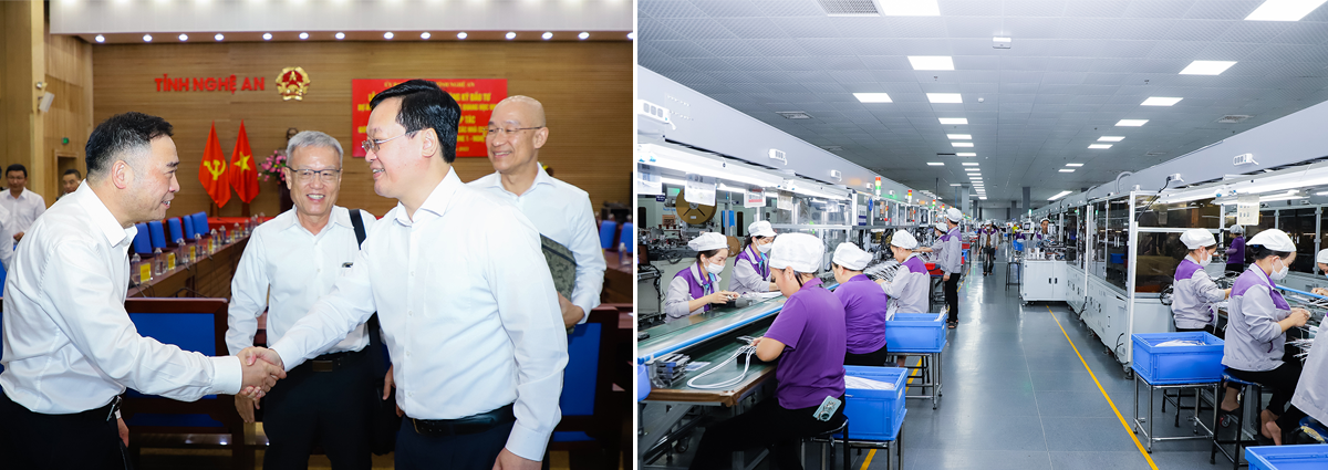 Chủ tịch UBND tỉnh Nguyễn Đức Trung chào hỏi Chủ tịch HĐQT Tập đoàn Sunny; Dây chuyền sản xuất Nhà máy Luxshare ICT Nghệ An tại Khu công nghiệp VSIP. Ảnh: Bằng - Duy