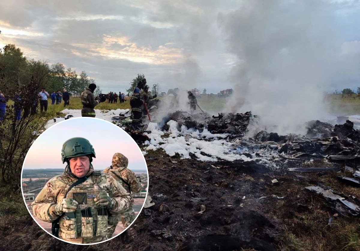 Hiện trường vụ rơi máy bay chở ông Yevgeny Prigozhin (ảnh nhỏ). Ảnh: Reuters/AP