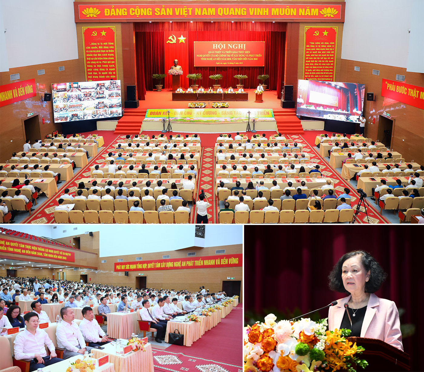 Toàn cảnh hội nghị quán triệt, triển khai Nghị quyết số 39 của Bộ Chính trị về xây dựng và phát triển tỉnh Nghệ An đến năm 2030, tầm nhìn đến năm 2045. Ảnh: Duy - Cường