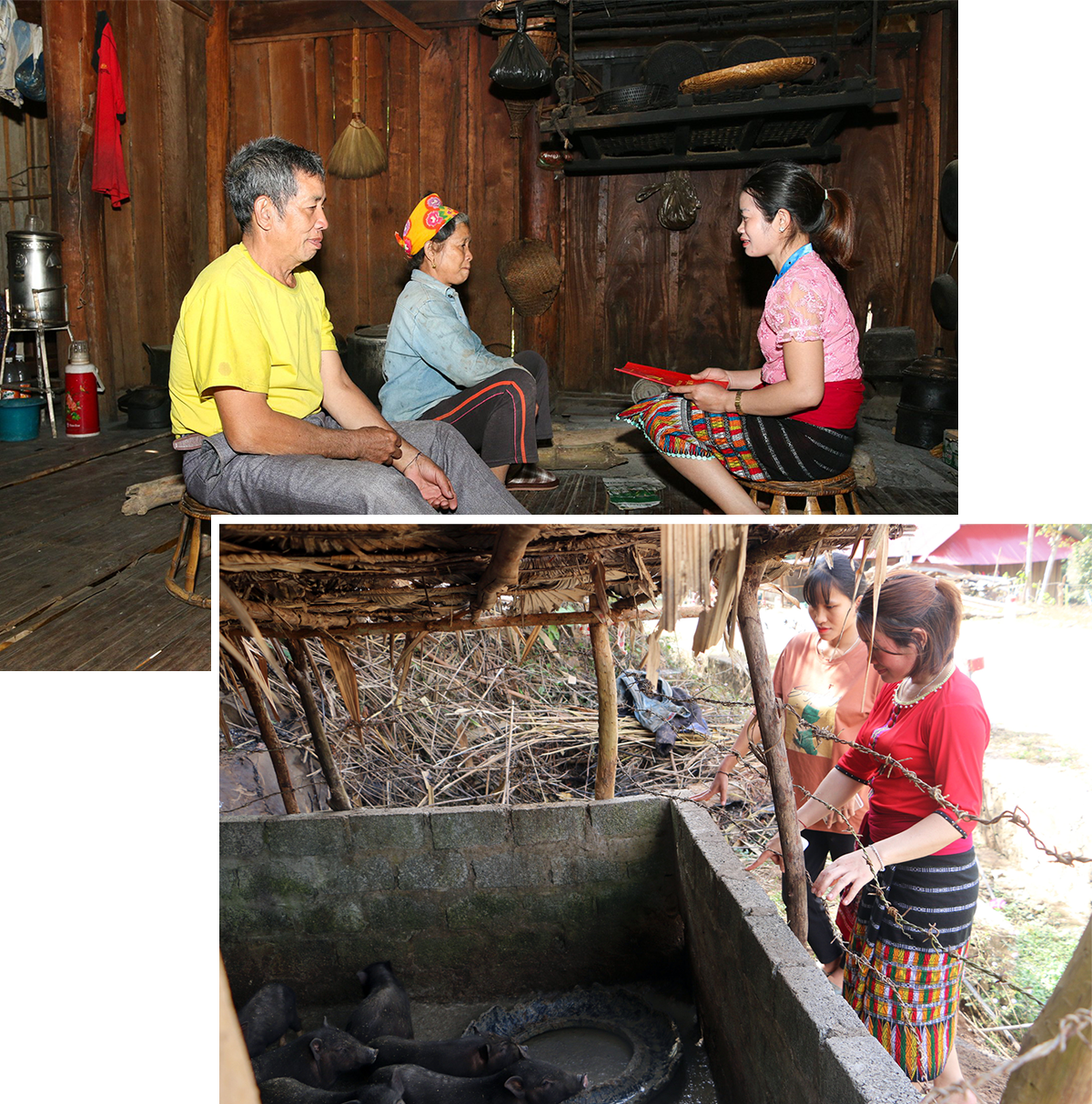 Trưởng bản Piêng Mựn Kha Thị Hoa trò chuyện với người dân (ảnh trên); vận động bà con đầu tư chăn nuôi, phát triển kinh tế hộ.