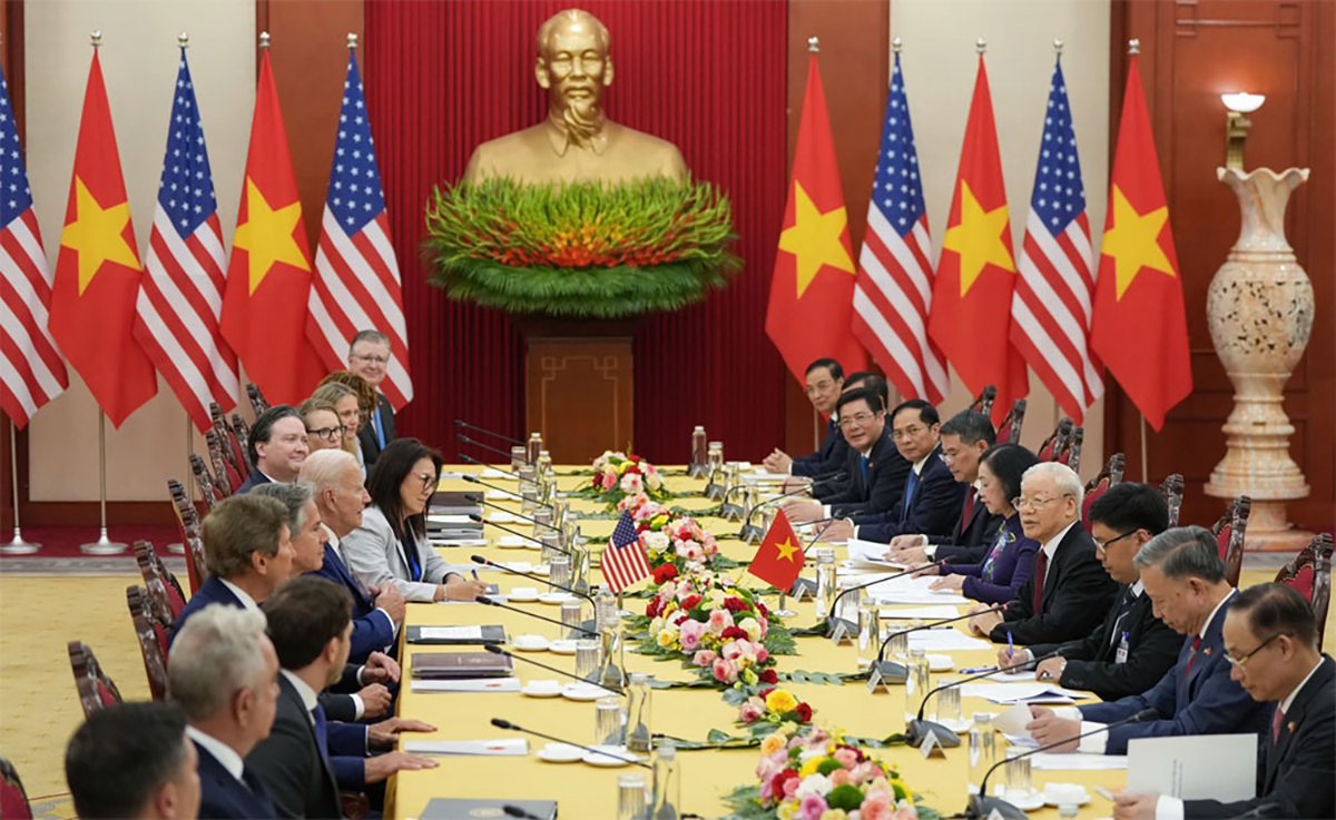 Tổng Bí thư Nguyễn Phú Trọng hội đàm với Tổng thống Joe Biden và Đoàn đại biểu cấp cao Hoa Kỳ. Ảnh: TTXVN