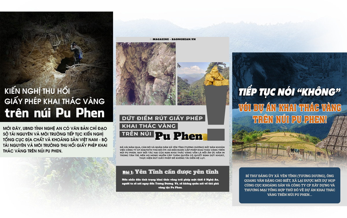 Bìa một số bài viết liên quan dự án khai thác vàng trên núi Pu Phen trên báo Nghệ An điện tử.