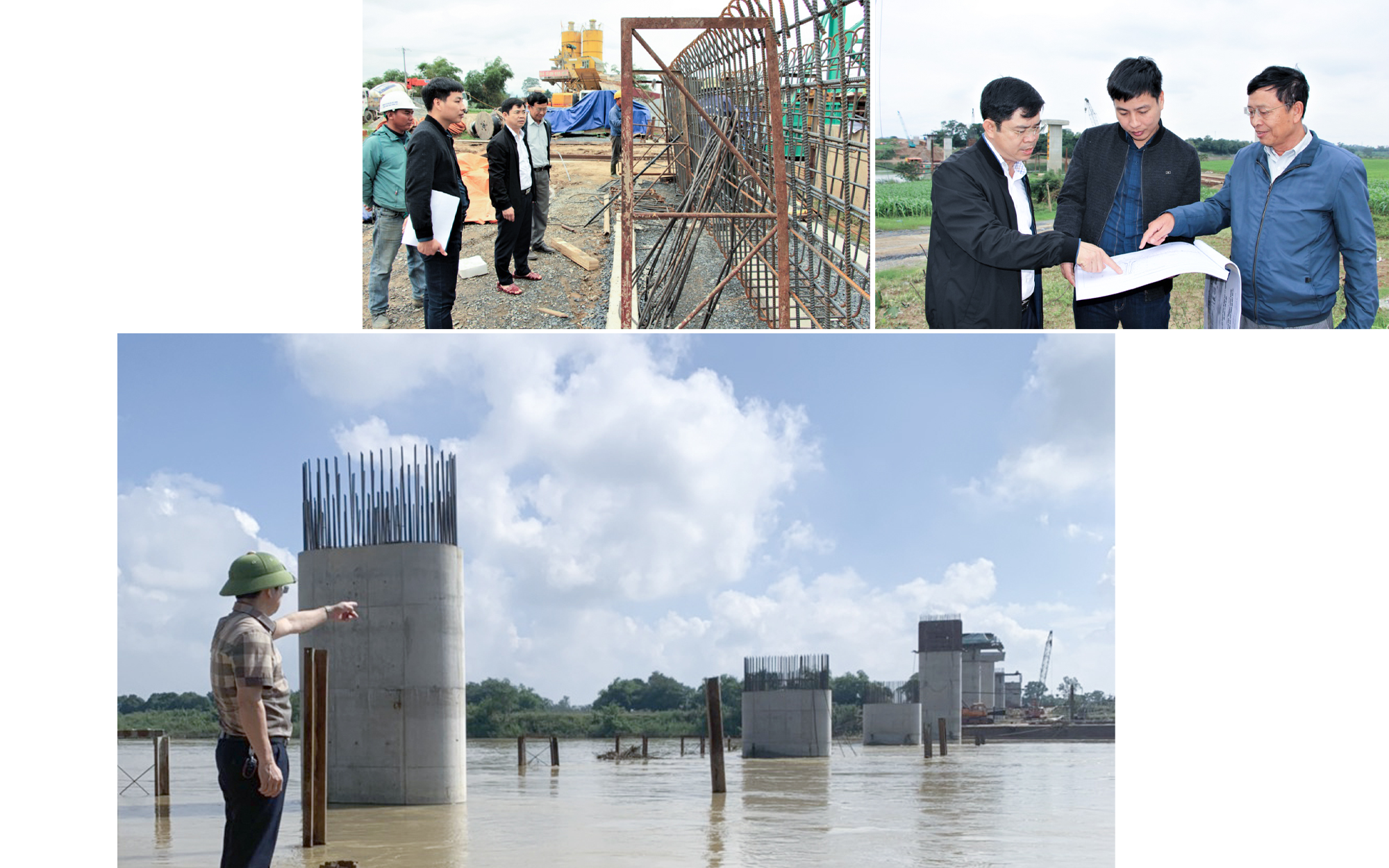 Lãnh đạo huyện Thanh Chương kiểm tra tiến độ thi công cầu cứng Đò Cung bắc qua sông Lam, phấn đấu hoàn thành, đưa vào sử dụng trong năm 2024. Ảnh: Mai Hoa