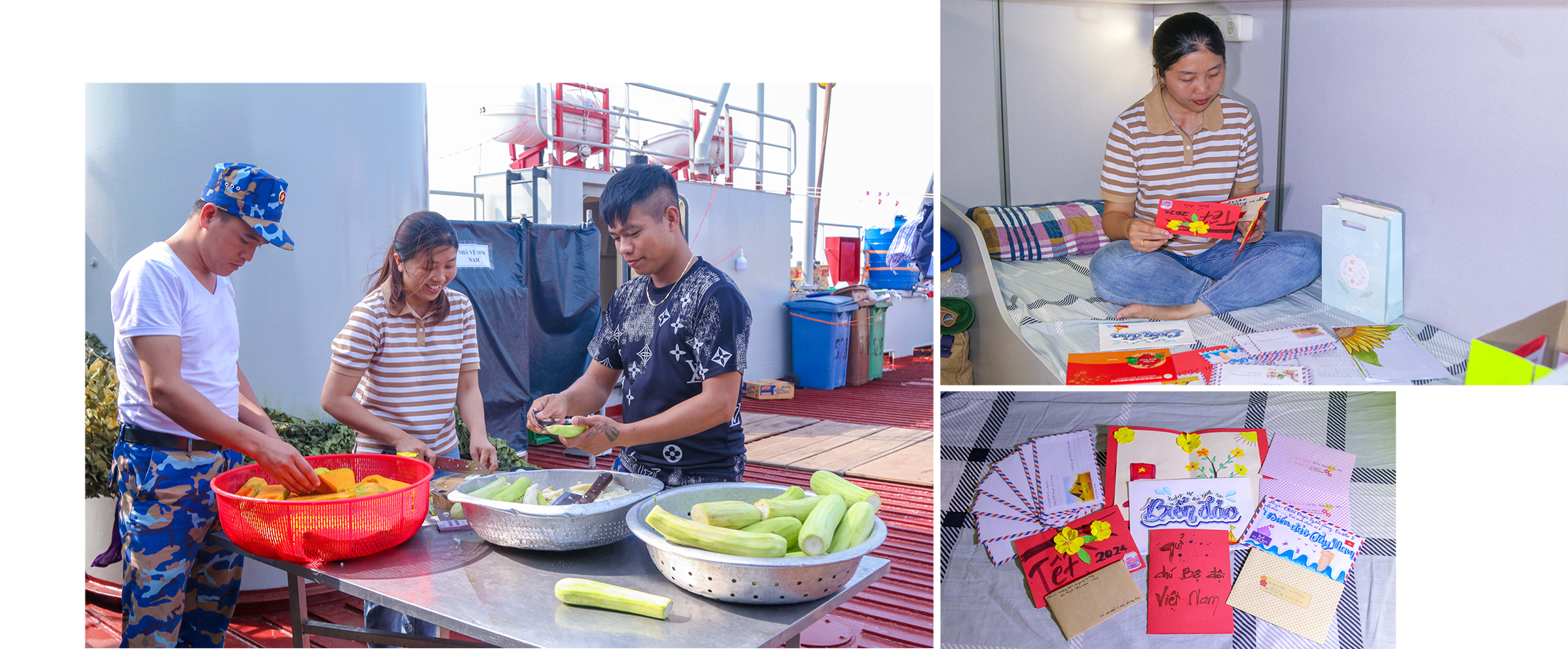 Nhà báo Trần Thị Bích Chi giúp các chiến sĩ chuẩn bị bữa tối trên tàu; Nhà báo Trần Thị Bích Chi soạn những bức thư “nối biển gần bờ” ở trên tàu 528.