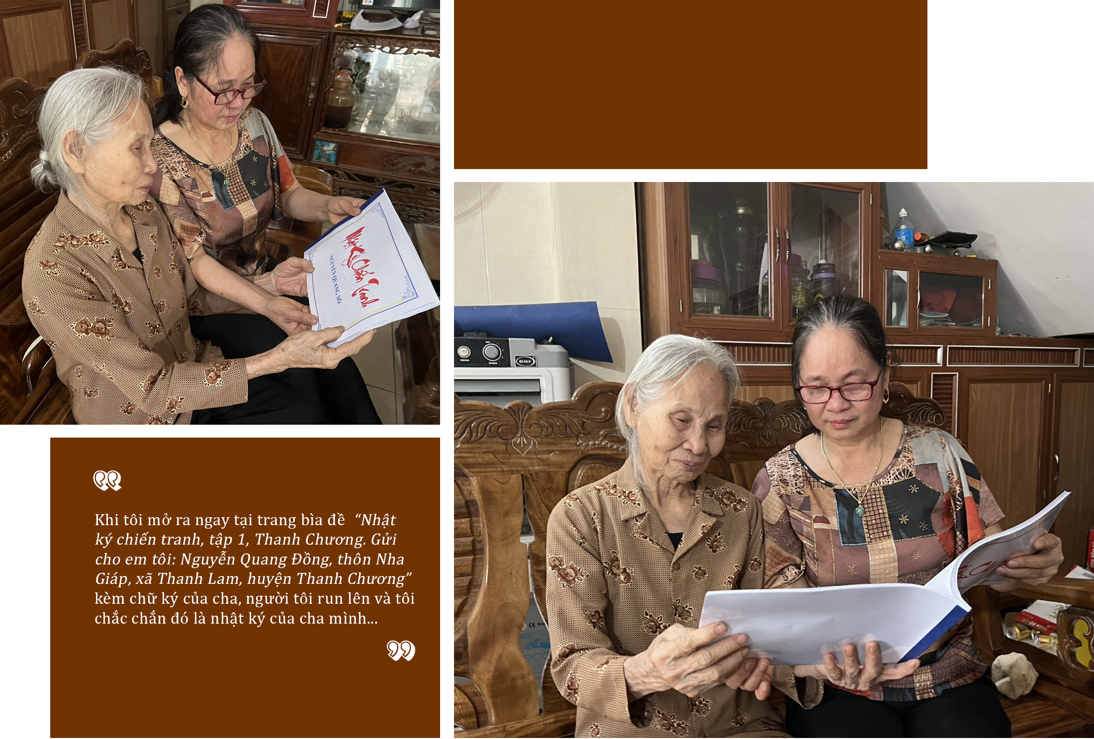 Bà Nguyễn Thị Hoa cùng mẹ (cụ Nguyễn Thị Lục) nâng niu cuốn nhật ký của cha.