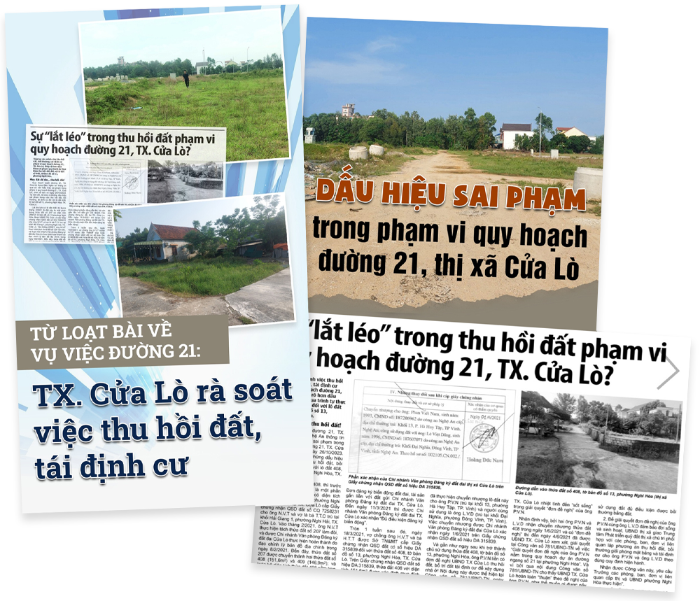 Một số bìa báo về những sai phạm trong thu hồi đất, bố trí tái định cư ở thị xã Cửa Lò trên báo Nghệ An điện tử.