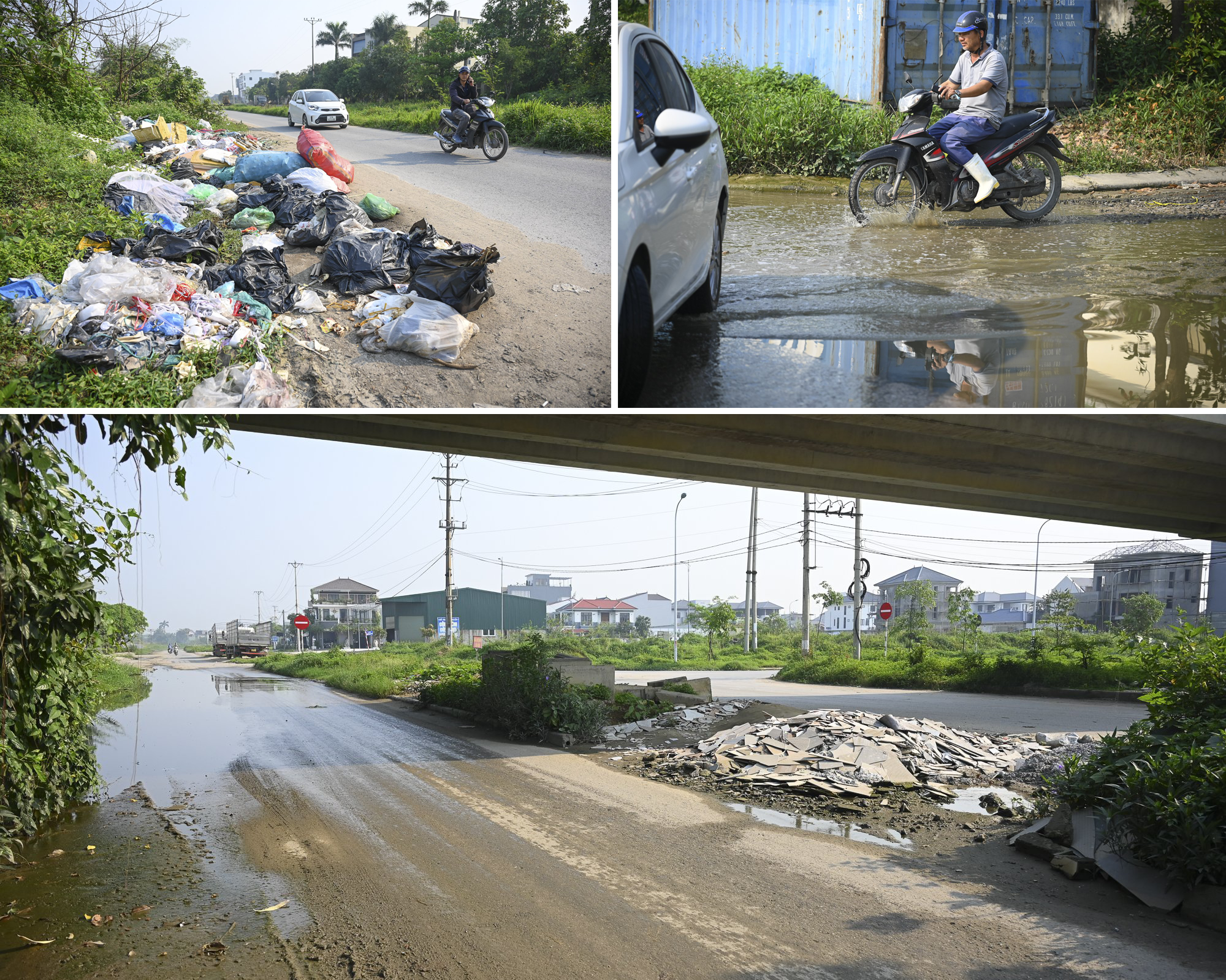 Rác thải ngổn ngang, tràn ra lòng đường Lê Ninh, đoạn qua phường Quán Bàu; Dù trời nắng gắt nhưng một số vị trí trên đường Lê Ninh vẫn trong tình trạng chịu ngập lụt.