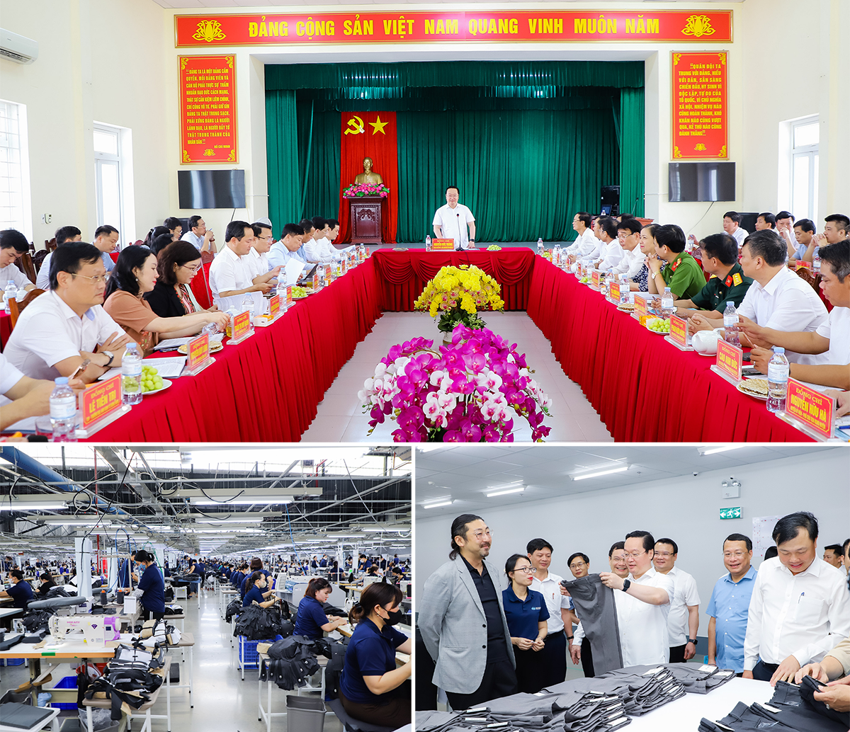 Chủ tịch UBND tỉnh Nguyễn Đức Trung làm việc với huyện Hưng Nguyên (ảnh trên); thăm Nhà máy may An Nam Matsuoka trong Khu Công nghiệp VSIP Nghệ An.