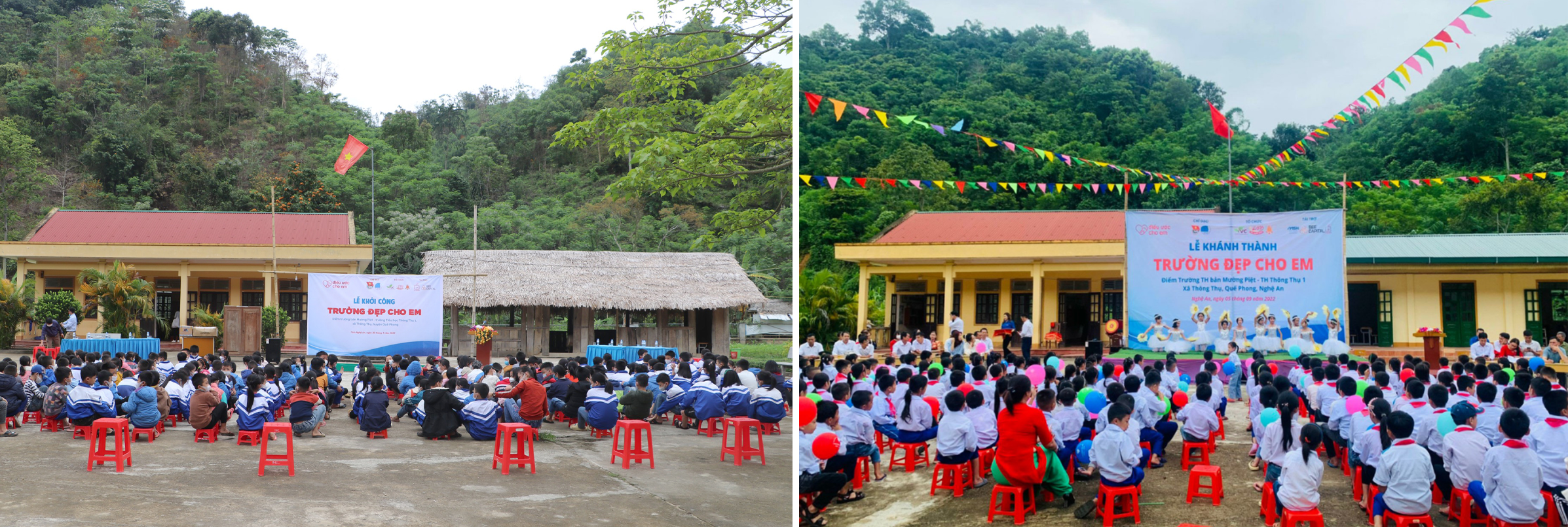 Điểm trường Mường Piệt - Trường Tiểu học Thông Thụ 1 (Quế Phong) trước và sau khi xây dựng.