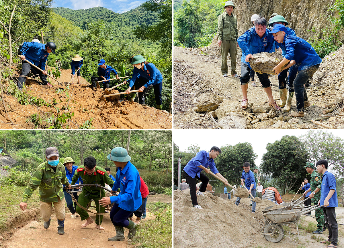 ĐVTN huyện Tương Dương khai thông đoạn đường bị vùi lấp do mưa lũ (2 ảnh trên); Tuổi trẻ các địa phương tích cực vận chuyển vật liệu hỗ trợ xây nhà ở cho các gia đình hộ nghèo, hộ khó khăn.